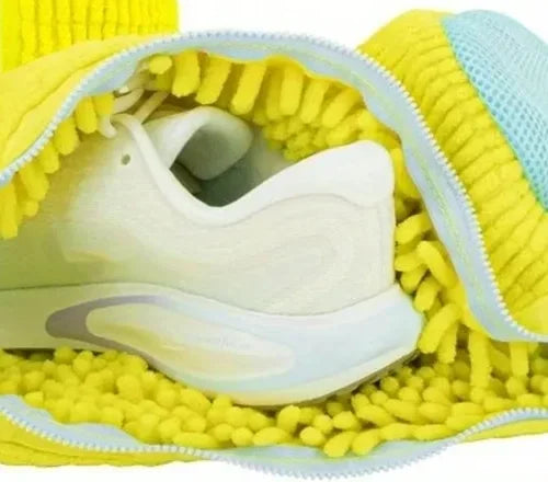 Close-up of the chenille strands inside the bag, wrapped around a sneaker